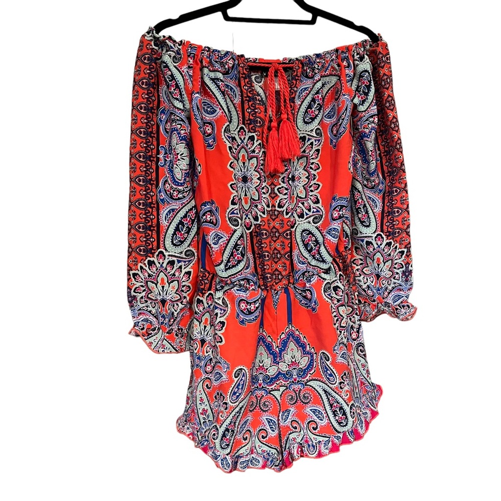 Venus Romper Off The Shoulder Floral Paisley Print Ruffle Long Sleeve - Picture 2 of 11